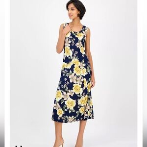 Robbie Bee Floral Midi Dress Sleeveless Cowl Neck Navy Yellow Women’s Medium